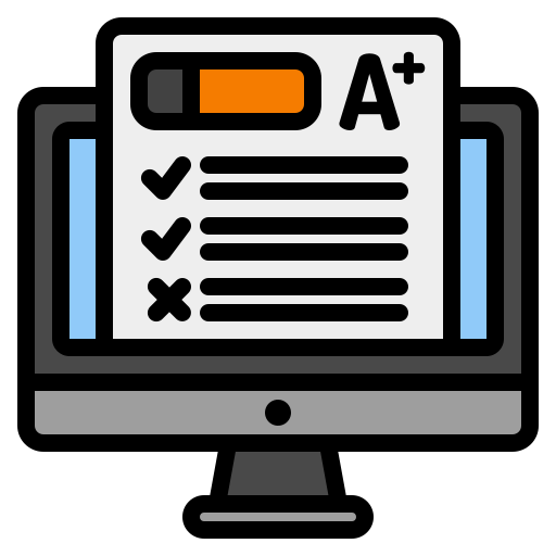 An icon of a computer displaying an online test with an A+ score.
