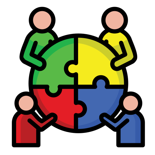 Icon of four people wearing different colored shirts, each holding a puzzle piece that is fitted into the others