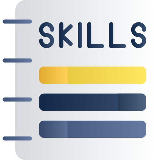 A checklist featuring the word 'skills' in black capital letters above three straight lines in gold, black and blue. 