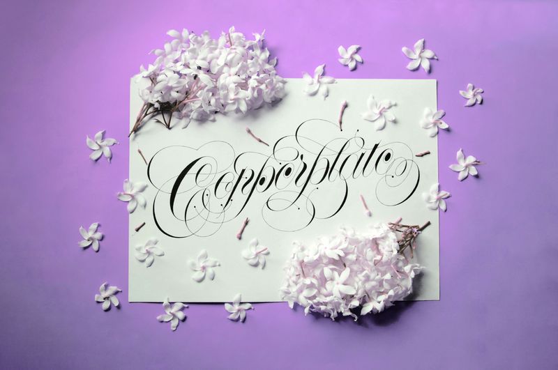 The word 'Copperplate' written in copperplate calligraphy style. on a white paper with flowers strewn around it.