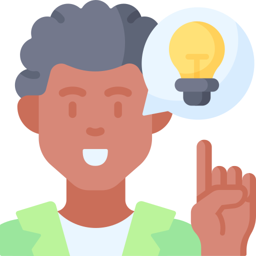 Icon of a man with his finger pointing upwards, and a lightbulb above his head
