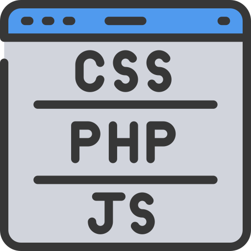 An icon of a browser window displaying the programming languages CSS, PHP, and JS.