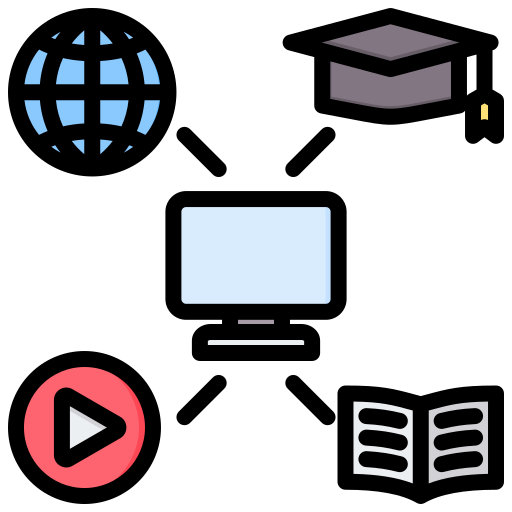 A computer in the centre surrounded by book, play button, graduation hat and planet earth clipart 