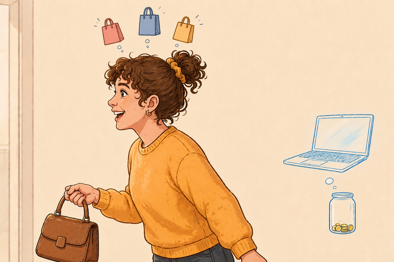 An excited woman heads out to shop while a laptop and savings jar representing her future goal remain behind her.