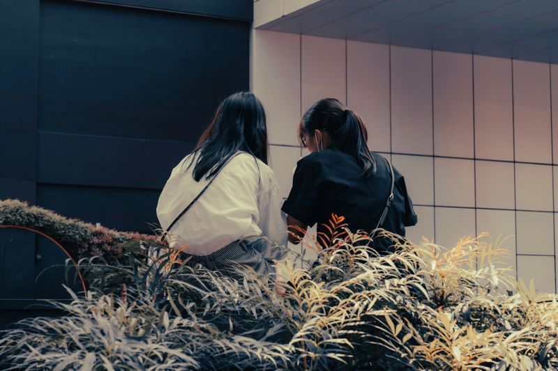 Two friends sitting close together in an urban setting, viewed from behind through garden foliage.