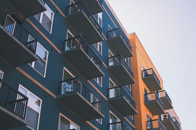 Apartment building with multiple balconies.