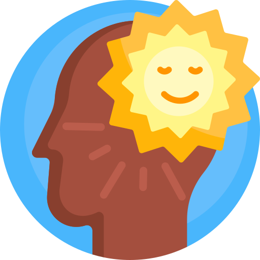 An icon of a person's face profile with a happy sun at the location of their brain - symbolising enlightenment.