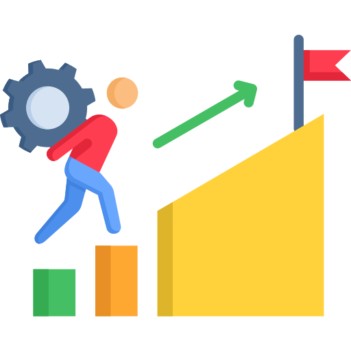A person climbing a bar graph with a gear towards a flag.
