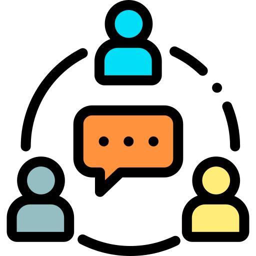 Icon: 3 people in a circular cycle of communication, speech bubble in the center