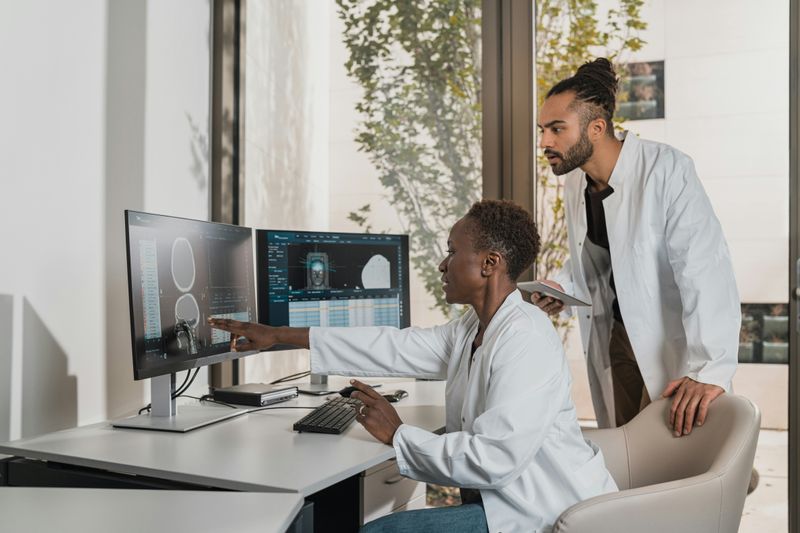 Two doctors analyzing the images from a scan in a two computers. One of them is pointing at an image.