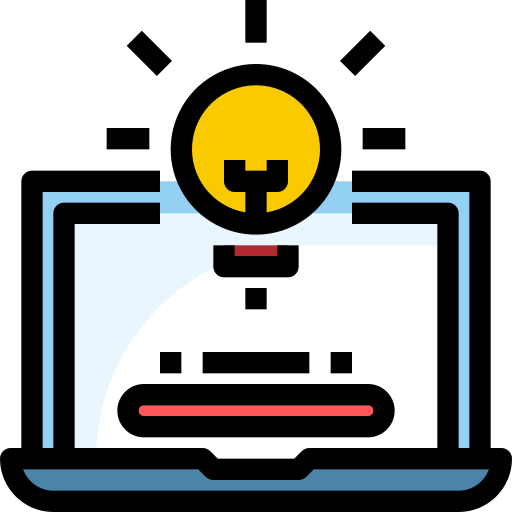A laptop with a beaming light bulb icon