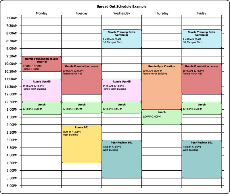 An example of a schedule spread across with week with ample breaks between sessions