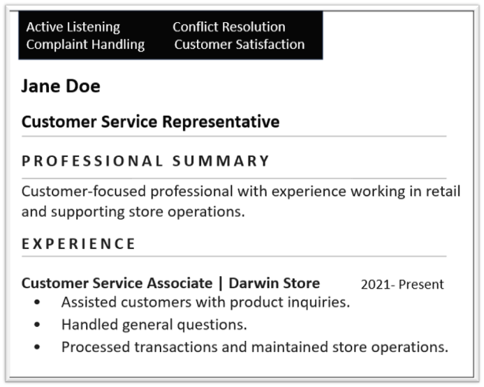 A generic resume for a customer service representative with key skills from the job description hidden in white font.