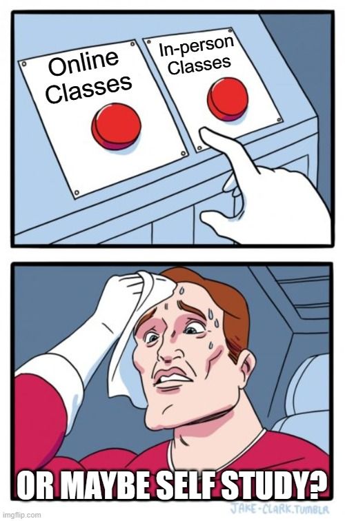 A comic hero considering two buttons that read