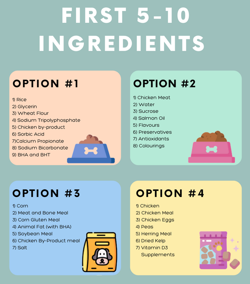 Quiz options of 4 different types of dog foods with ingredients list