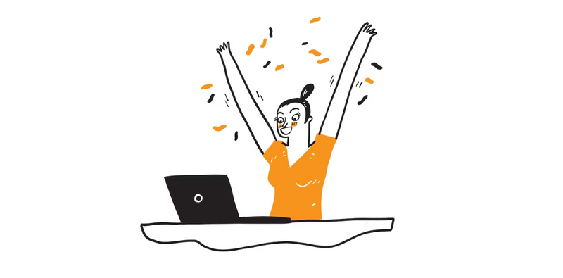 A woman-presenting person throws confetti in the air with their arms in a Y-shaped and a happy face while looking at laptop.