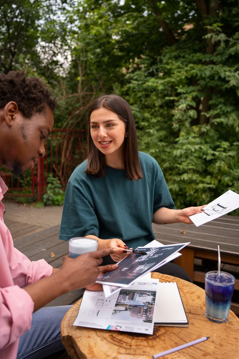 Two people, a man and a woman, sitting on benches and logs in a forest, discussing photos and diagrams.