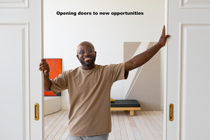 A man smiling while opening a sliding door. The text reads: 