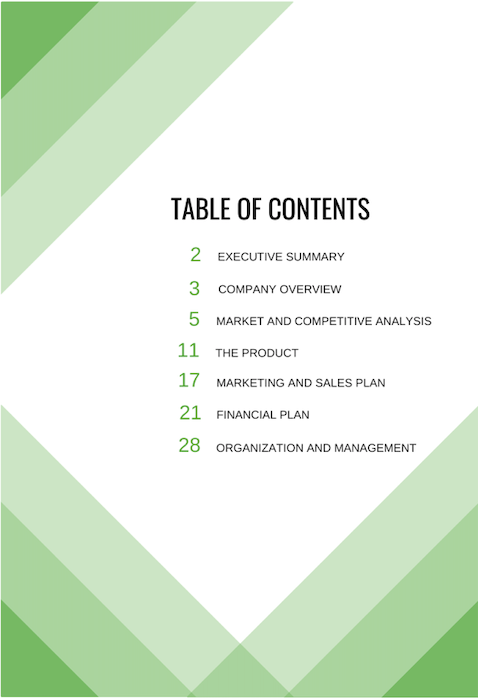 Table of contents for business plan