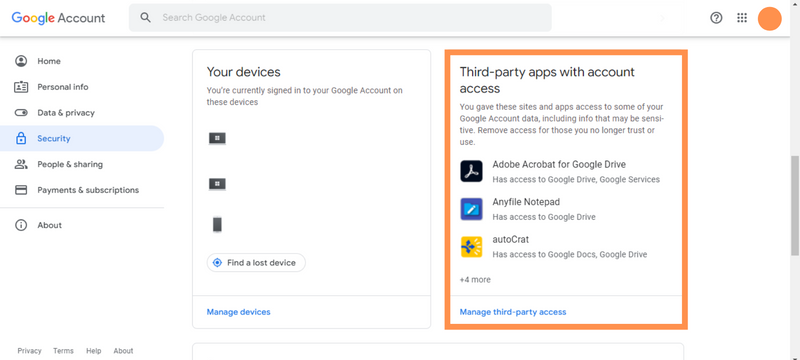 A screenshot of where to find the list of 'Third-party apps with account access'