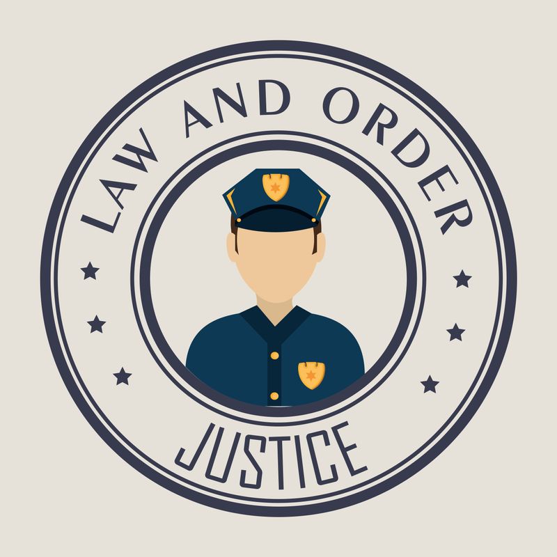 Illustration of a police officer with surrounding text saying 'Law and Order' and 'Justice'. 