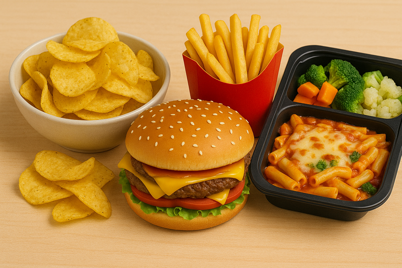 Chips, fast food, and frozen meals.