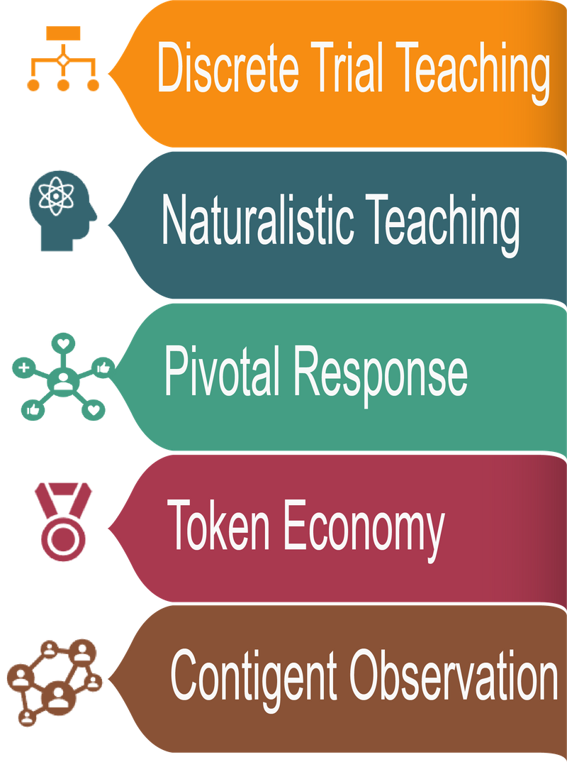 5 ABA techniques: discrete trial teaching, naturalistic teaching, pivotal response, token economy, contingent observation.