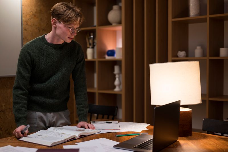 A young man standing at his desk studying staring at his computer