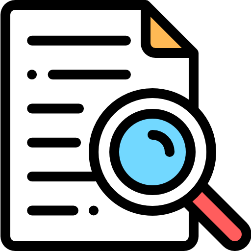 Icon image of a magnifying glass hovering over a document with lines of representative text