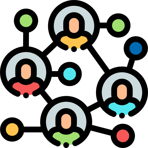 An icon of 4 people connected via a network of lines and circles.