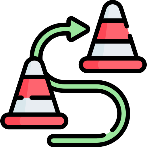 Icon of a curved arrow making a path to avoid traffic cones which act as obstacles