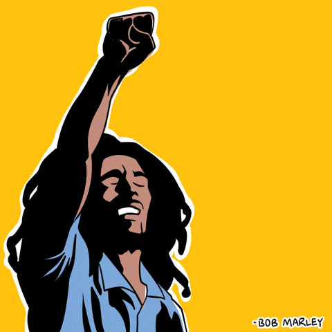 Bob Marley raising his fist over the text 'Get up, stand up, stand up for your rights, don't give up the fight.'.