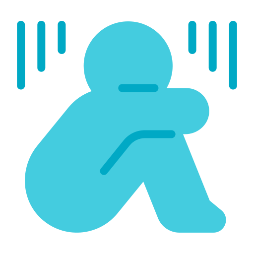 Icon: Silhouette of a blue person sitting while hugging their bent legs, with small straight lines next to their head