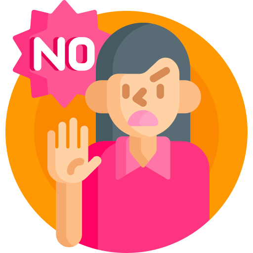Icon illustrating female with raised hand saying, no!