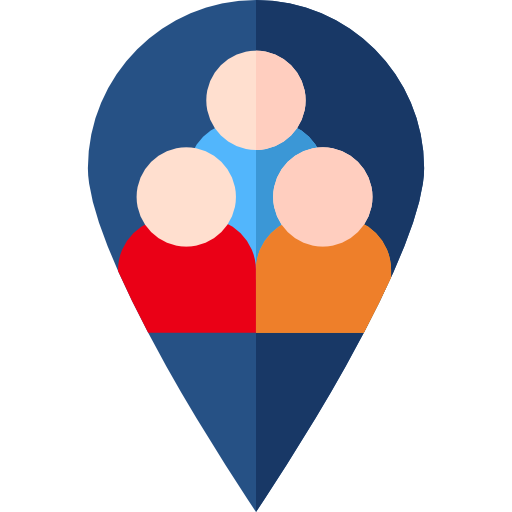 A group of three people inside a navy blue map pin.