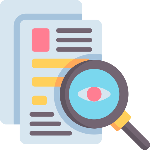 Icon of a magnifying glass held over documents