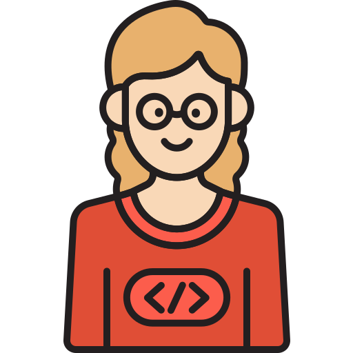 A girl with glasses wearing a top featuring an HTML code symbol..
