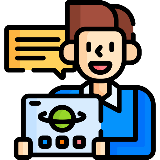 Icon of person holding planet diagram next to a speech bubble