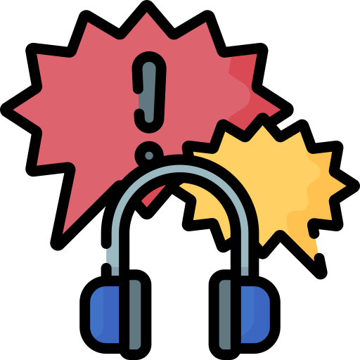 An icon of a set of headphones with speech bubbles surrounding it, suggesting loud noises.