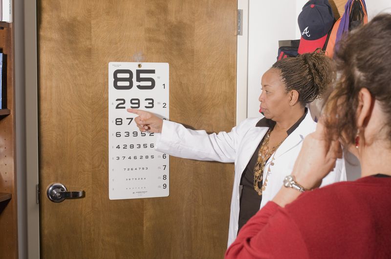 Optometrist performing eye exam on patient. 