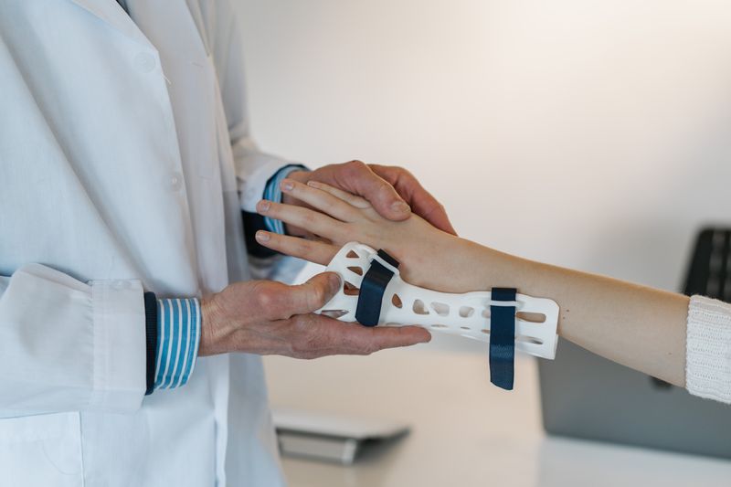 Orthotist fitting a wrist brace onto a patient.