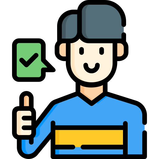 Flaticon Icon of happy male with a thumbs-up next to a green check mark to indicate success.