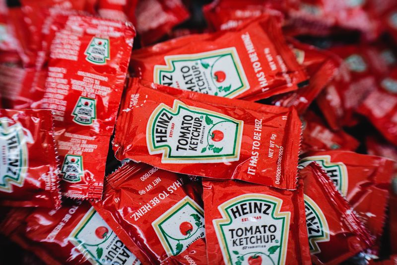 A pile of Heinz ketchup packets.