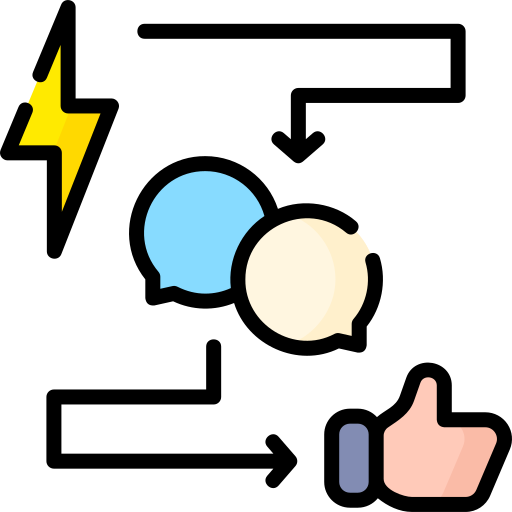 An arrow going from a lightning bolt to speech bubbles. Another arrow going from the speech bubbles to a thumbs up icon.