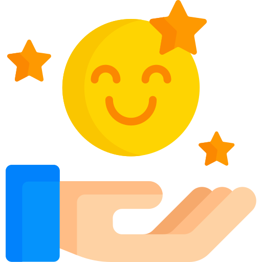 Icon of an opened hand with a closed eye smiley face having above it