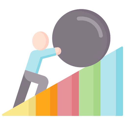 Person pushing a grey boulder up a rainbow cliff face to show effort.