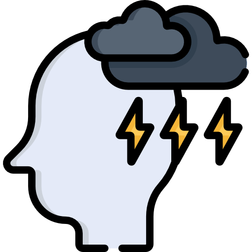 Silhouette of head with grey clouds and thunder icon 
