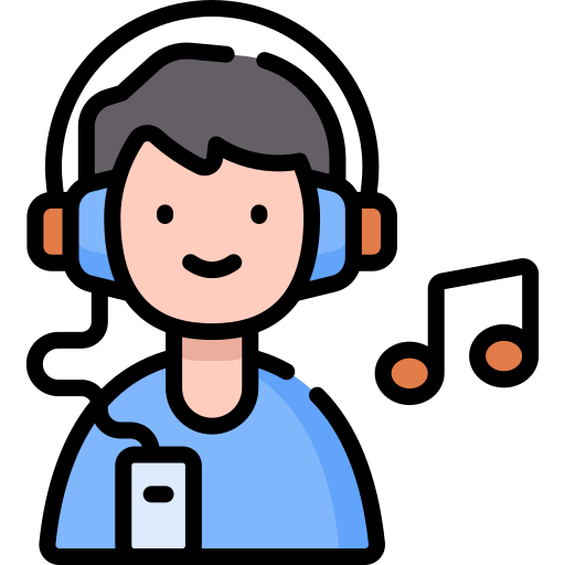 Icon image of a person with headphones and a music player listening to music 