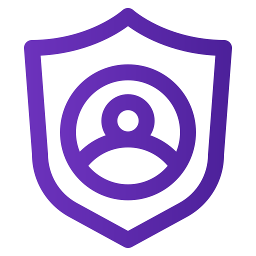 Purple icon of head inside a badge.