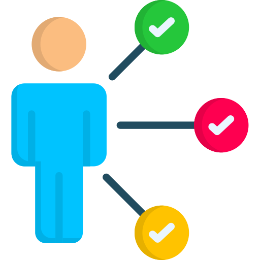 Stick figure in blue with red, yellow, and green checkmarks stemming from the person
